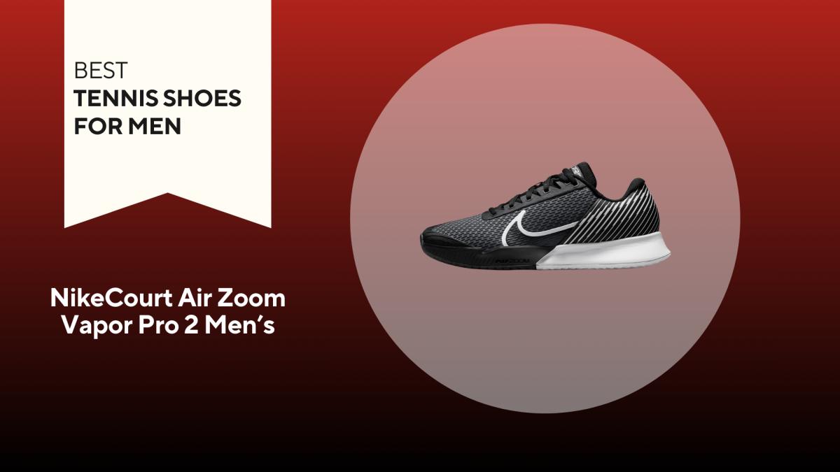 An image of a black and white NikeCourt Air Zoom Vapor Pro 2 against a red background.